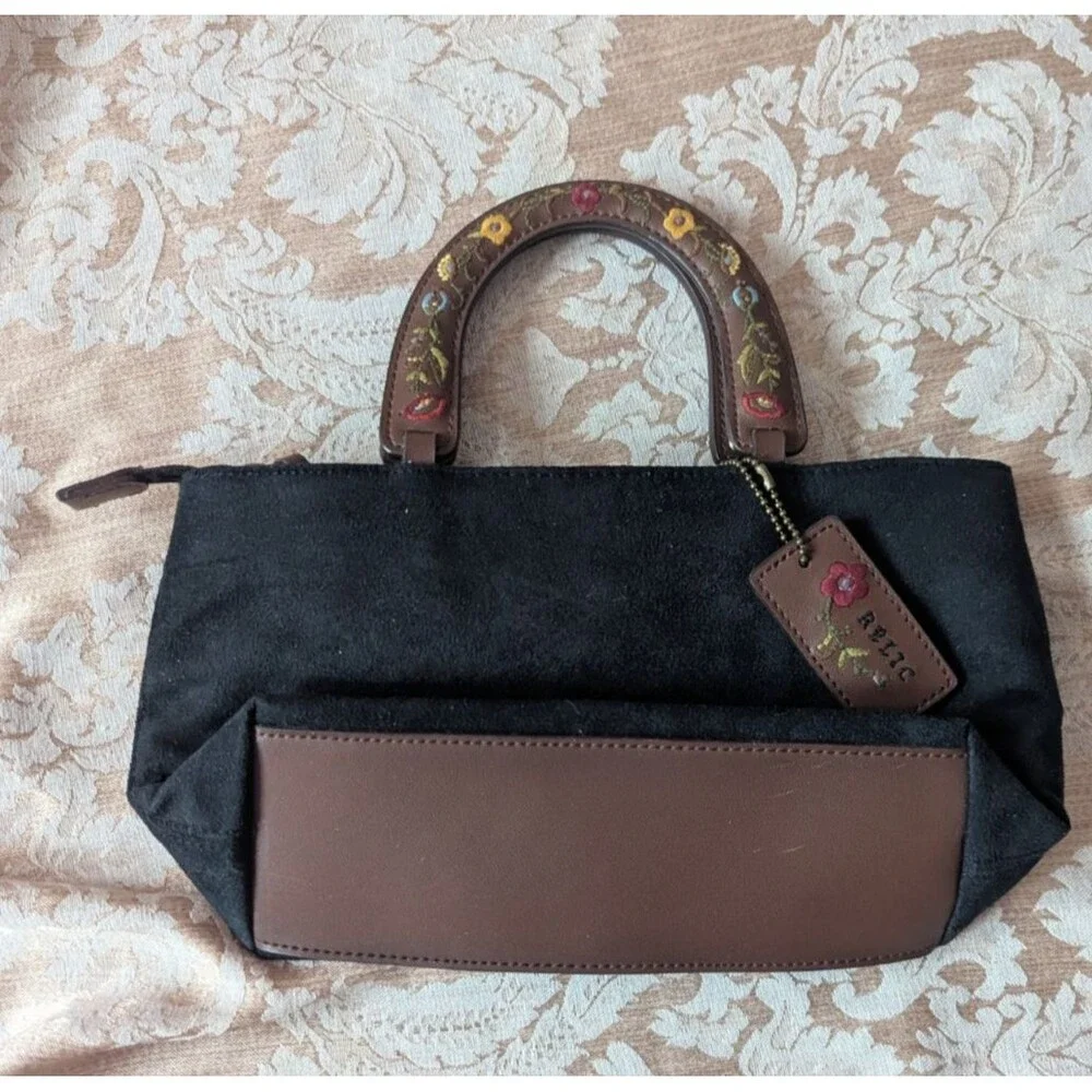 Relic Mini Black Suede Brown Leather Purse Embroidered Floral Boho Y2K Bag